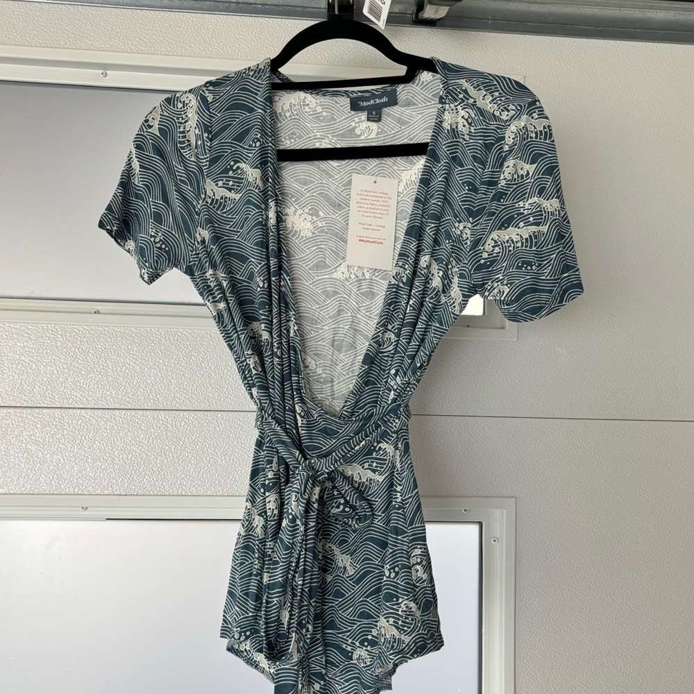 ModCloth wrap top with Japanese wave art